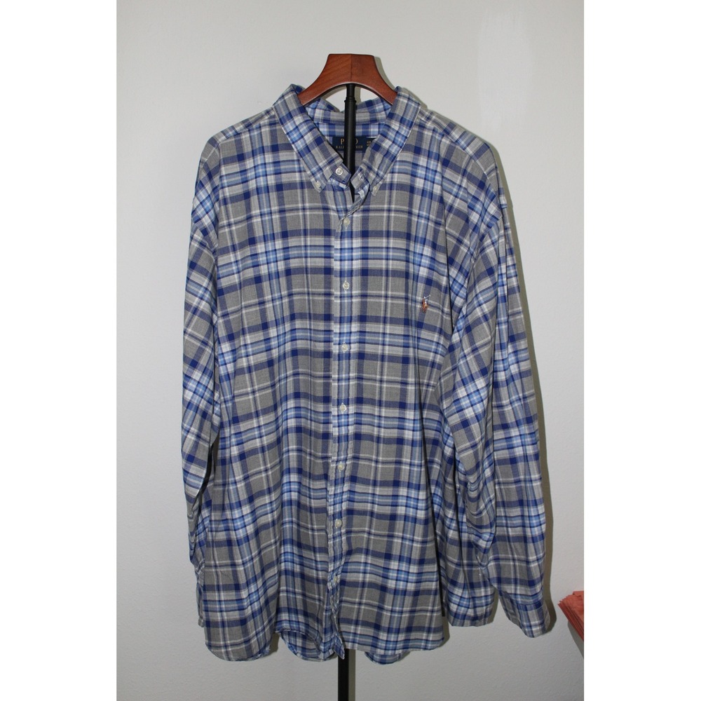 Polo Ralph Lauren Mens 4XB Plaid Button Down Shirt Blue Grey Long Sleeve